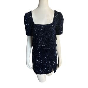 Lulus Navy Blue Sequin Puff Sleeve Mini Skirt & Square Neck Top Party Size Large